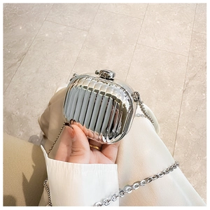 Detailed macro view of silver metallic striped mini crossbody bag with chain strap