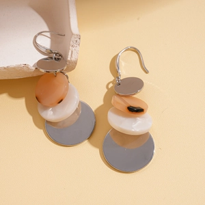 Bohemian acrylic geometric drop earrings with silver metal and textured resin discs