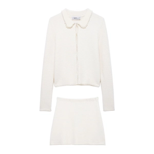 Ensemble Élégant Cardigan En Tricot Et Minijupe Manches Longues Tenue Deux Pièces À Côtes Avec Künstliche Perles Pour Femmes