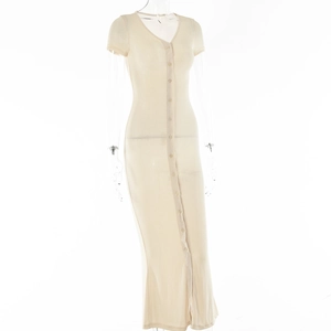 Detail view of beige short-sleeved knit maxi dress with V-neckline and button-up front