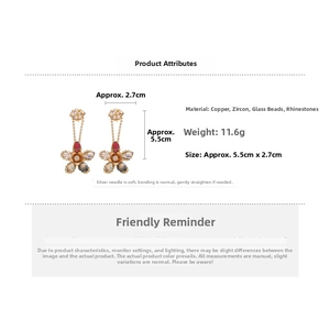 Detailed dimensions of flower earrings with zircons and pearls measuring 5.5 by 2.7 centimeters