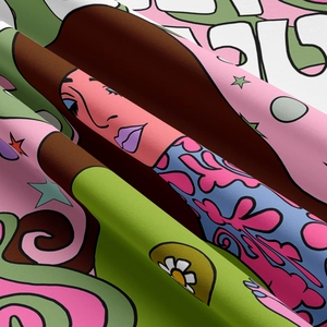 Macro shot of fine fabric texture and colorful pop art pattern on decorative tapestry