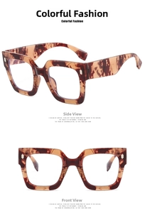 Macro detail of tortoiseshell square oversized glasses frame showing front and side views