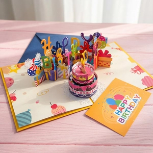 Detail of 3D birthday card showing multi-layer cake and balloons with Happy Birthday text