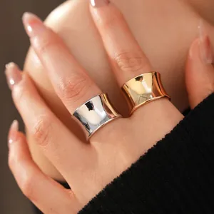 Minimalist Wide Band Concave Open Ring Polished Copper Adjustable Fashion Jewelry For Women Modern Style
