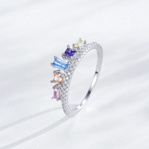 S925 sterling silver crown ring featuring colorful zircon stones and micro-pave crystals