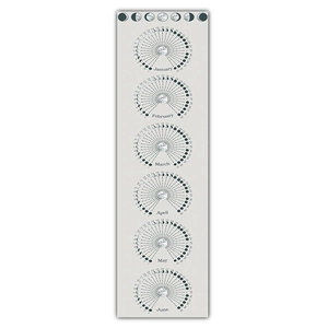 Vertical detail of lunar calendar wall scroll showing January to June moon phases