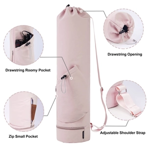 Pink yoga mat bag detail showing drawstring opening, roomy pocket, and adjustable shoulder strap.