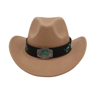 Detail view of light brown cowboy hat featuring floral embroidery and turquoise buckle decoration