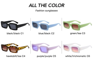 Detailed view of rectangle sunglasses in six trendy colors including blue and tortoise
