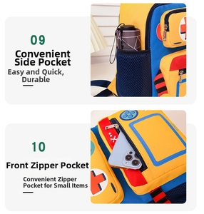 Detail of side mesh pocket for umbrella and front zipper pouch on kids robot backpack