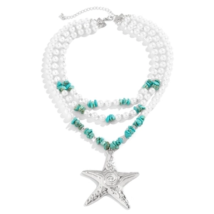 Detail of layered ocean style necklace with starfish pendant, pearls and blue turquoise stones