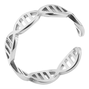 Detail of silver DNA helix cutout ring with adjustable open band on white background