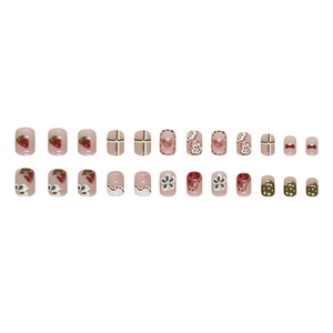 Summer press-on nails with cute hand-painted strawberry and daisy flower patterns