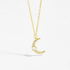 Elegant S925 sterling silver moon necklace in gold finish with opal and zircons