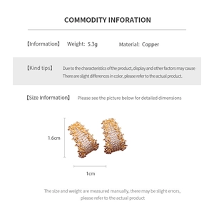 Detail showing dimensions of 14K gold plated C-shaped earrings with inlaid crystals