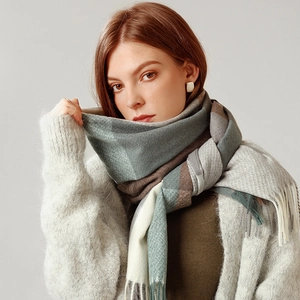 Plaid cashmere feel scarf with fringe in grey blue and brown tones for winter warmth