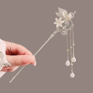 Pic À Cheveux Chinois Vintage Papillon Fleur Gland Alliage Pierre Œil De Chat Strass Faux Künstliche Perle Accessoire Cheveux Hanfu