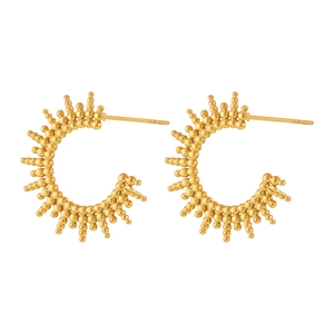 Elegant C-shaped sunburst earrings in 18K gold plated stainless steel on white background