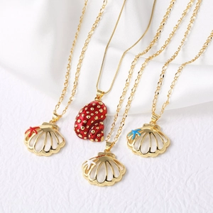 Golden shell and conch pendant necklaces set with colorful enamel on white silk