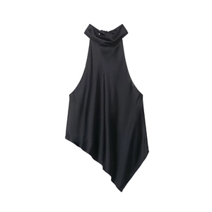 Chic black satin halter top featuring a backless design and asymmetrical pointed hemline