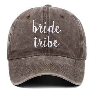Brown washed cotton baseball cap with white bride tribe embroidery and vintage finish