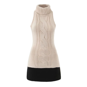 Sleeveless Turtleneck Cable Knit Mini Dress Colorblock Hem Slim Fit Acrylic Blend Casual Chic For Women
