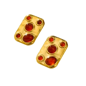Exotic square red stone pendant necklace and ring set in titanium steel for women