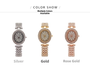 Close-up of floral dial watches in silver, gold, and rose gold with rhinestone settings