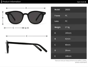 Detailed size chart for vintage square sunglasses with frame and lens measurements