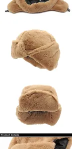 Detailed views of brown faux fur trapper hat with thermal lining and side buckle