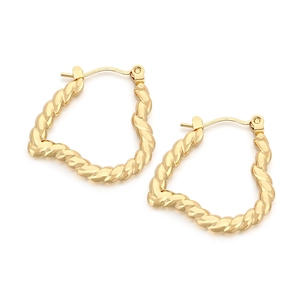 Golden twisted rope heart hoop earrings in stainless steel on white background