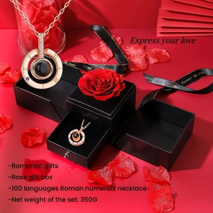 Rose gold necklace with 100 languages projection in a red rose gift box for women