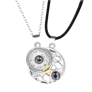 Magnetic sun and moon couple necklace set with silver finish and 100 languages projection