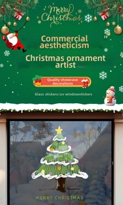Detail of UV Christmas tree window stickers with Merry Christmas text for glass decor