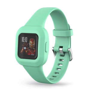 Detailansicht des mintgrünen Silikonarmbands für Garmin vivofit jr.3 mit Iron Man Motiv