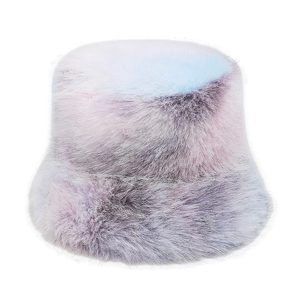 Detailed view of the soft faux fur texture and pastel gradient color of the winter hat