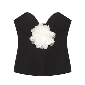Top Tube Bustier Élégant Femme Noir Blanc Couleur Contrastée Grande Fleur 3D Bandeau Slim Fit Fête Polyester