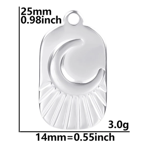 Detailed view of silver crescent moon pendant with dimensions 25mm height and 14mm width