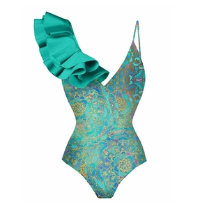 One-piece swimsuit with ruffle shoulder and mandala print in teal and gold tones