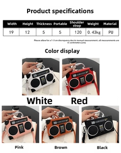 Size chart for radio shaped crossbody bag showing 19x12x5 cm dimensions and PU material