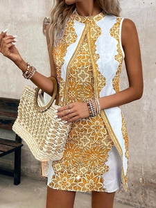 Sleeveless floral dress with golden mandala print and elegant high neck design