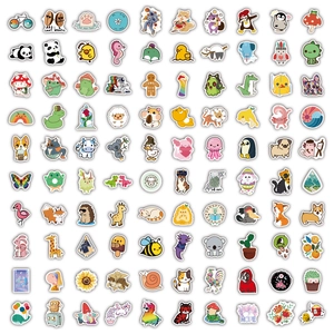 Detailed grid layout of 100 colorful waterproof VSCO aesthetic cartoon PVC stickers