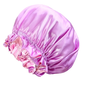 Cuffia da notte extra large in raso a doppio strato viola con pizzo rosa per capelli