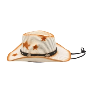 Détail d'un chapeau de cowboy tissé beige avec étoiles brunes et bandeau en cuir décoré
