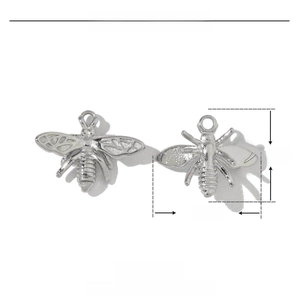 Detail of a 12mm x 14mm silver bee pendant in stainless steel with exact measurements