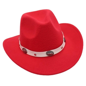 Close-up of red felt cowboy hat with white leather band and vintage metal buckle ornaments