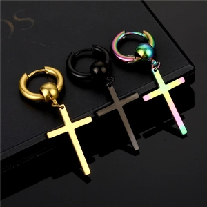 Stainless Steel Cross Pendant Hoop Earrings Punk Gothic Hinged Dangle Earring For Men And Women Polished Finish