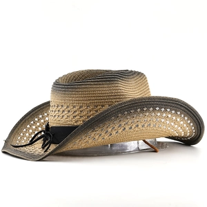 Bohemian gradient straw cowboy hat with a curved brim and decorative black cord band