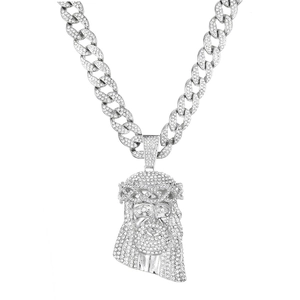 Hip hop silver Cuban chain with Jesus head pendant encrusted in sparkling rhinestones